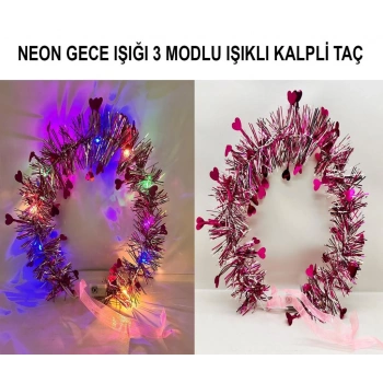 Kalp Püsküllü Gece Parıltısı 3 Modlu LED&#39;li Işıklı Taç Fuşya Renk