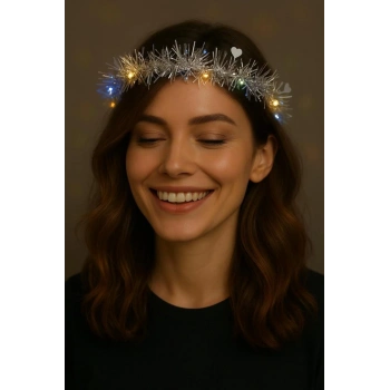 Eğitici Çocuk  Gelişim  Kalp Püsküllü Gece Parıltısı 3 Modlu LED&#39;li Işıklı Taç Gümüş Renk