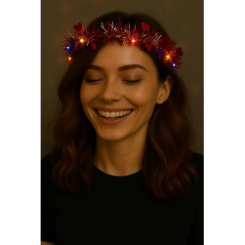 Eğitici Çocuk  Gelişim  Kalp Püsküllü Gece Parıltısı 3 Modlu LED&#39;li Işıklı Taç Kırmızı Renk