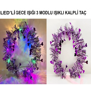 Kalp Püsküllü Gece Parıltısı 3 Modlu LED&#39;li Işıklı Taç Mor Renk