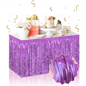 Eğitici Çocuk Kendinden Yapışkanlı Mor Metalize Püsküllü Masa Eteği – 75 x 275 cm Parti Süslemesi