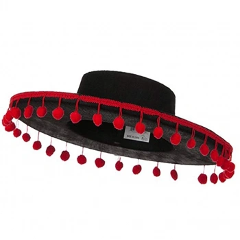 Kırmızı Ponponlu Siyah Çocuk İspanyol Şapkası Gösteri ve Parti Aksesuarı