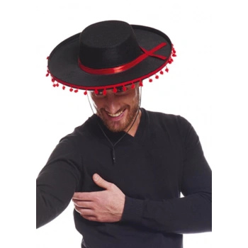 Kırmızı Ponponlu Siyah Yetişkin İspanyol Şapkası Şık ve Eğlenceli Tasarım