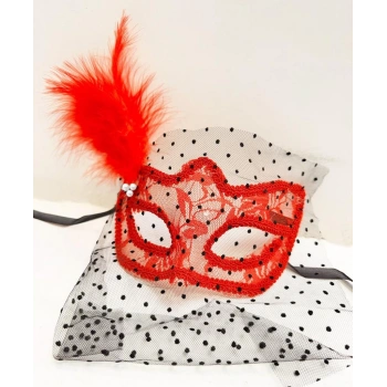 Çocuk Kırmızı Renk Dantelli Duvaklı Parti Maskesi Balo