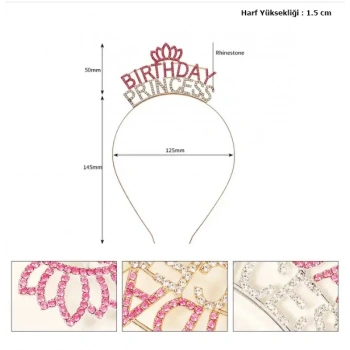 Kristal Taşlı Pembe Birthday Princess Yazılı Parti Tacı 19x11 cm Şık Tasarım