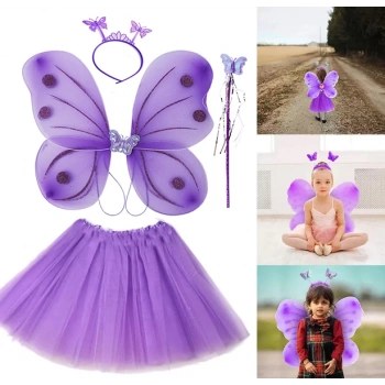 Eğitici Çocuk Lila Mor Kelebek Kostümü - Lila Mor Kelebek Kostüm Aksesuar Seti 4 Parça