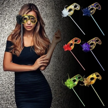 Lüks Taşlı Saplı Maskeli Balo Maskesi Beyaz Renk 35 cm