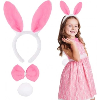 Pembe Tavşan Kostüm Seti Taç, Papyon, Ponpon 12li Çocuk Gösteri ve Parti Aksesuarı