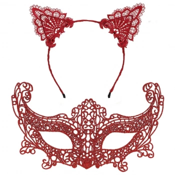 Eğitici Çocuk Romantik Kırmızı Dantel Maske Seti – Kedi Kulaklı Taç ve Maske 3 No