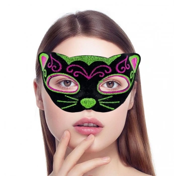 Çocuk Siyah Kadife Kaplama Üzeri Pembe Yeşil Sim İşlemeli Kedi Maskesi 20x13 cm