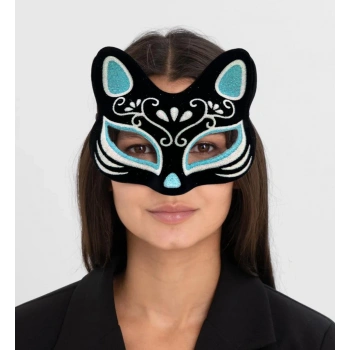 Çocuk Siyah Renk Süet Kaplama Üzeri Gümüş Mavi Simli Kedi Maskesi 17x14 cm