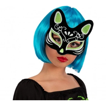 Çocuk Siyah Renk Üzeri Gümüş Yeşil Simli Süet Kaplama Kedi Maskesi 17x14 cm