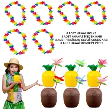 Tropikal Hawaii Parti Malzemeleri Seti - Kolye, Pipet, Bardak