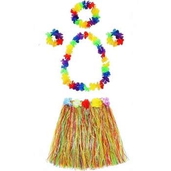 Çocuk Yetişkin ve Çocuk Uyumlu Luau Aloha Hawaii  Kolye Renkli Etek Taç ve Bileklik Seti