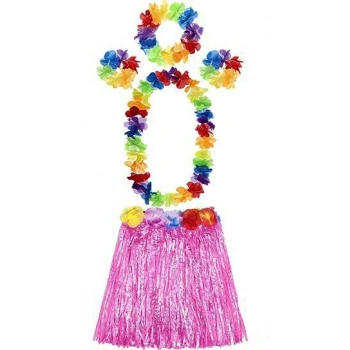 Çocuk Yetişkin ve Çocuk Uyumlu Luau Aloha Hawaii Pembe Etek ve Renkli Kolye Taç 2 Adet Bileklik Seti