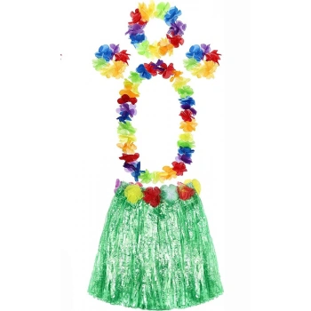 Çocuk Yetişkin ve Çocuk Uyumlu Luau Aloha Hawaii Yeşil Etek ve Renkli Kolye Taç 2 Adet Bileklik Seti