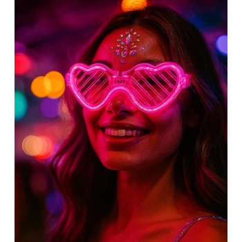 Pembe LED Işıklı Kalp Gözlük – 3 Modlu Parti &