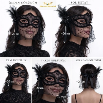 Siyah Dantel Tüllü Peçeli Parti Maskesi