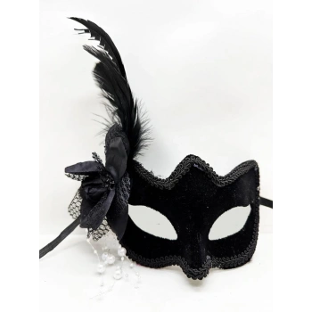 Çocuk Siyah Renk Yandan Tüylü Beyaz İncili Süet Kaplama A Kalite Lüks Parti Maskesi 20x23 cm