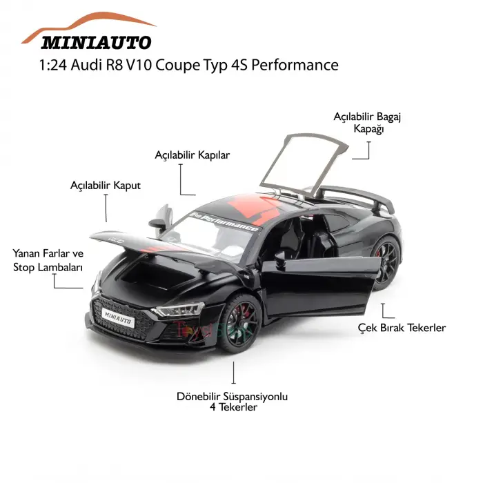 MINIAUTO 1:24 Audi R8 V10 Coupe Typ 4S Performance Siyah - 24273S