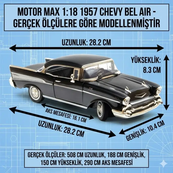 Motor Max 1:18 1957 Chevy Bel Air Siyah Klasik Model Araba - 73180