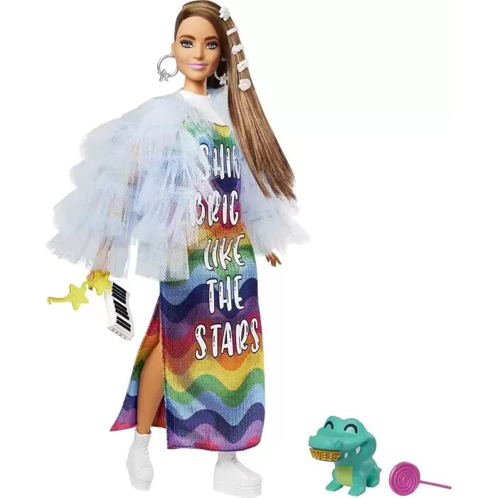 Barbie Extra Renkli Elbiseli Bebek ve Hayvan Arkadaşı Timsah (GYJ78)