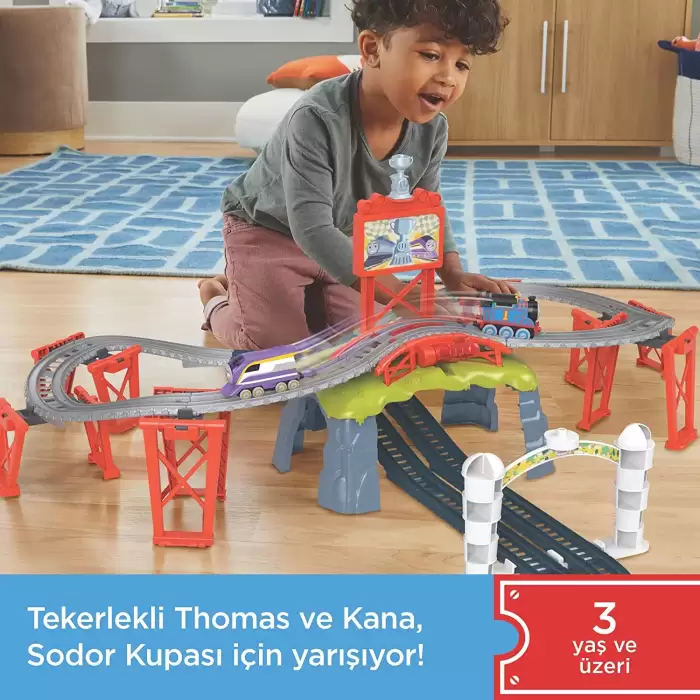 Thomas ve Arkadaşları Sodor Kupası Yarışı – Thomas ve Kana tekerlekli tren ve pist yarışı seti, 3 yaş ve üzeri çocuklar için HFW03