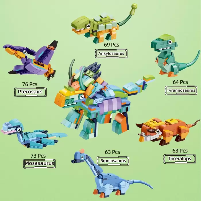 Kızılkaya - Dinosaur 6 Farklı Dinozor Blok Oyuncak Yapım Seti - 408 Parça SM2505