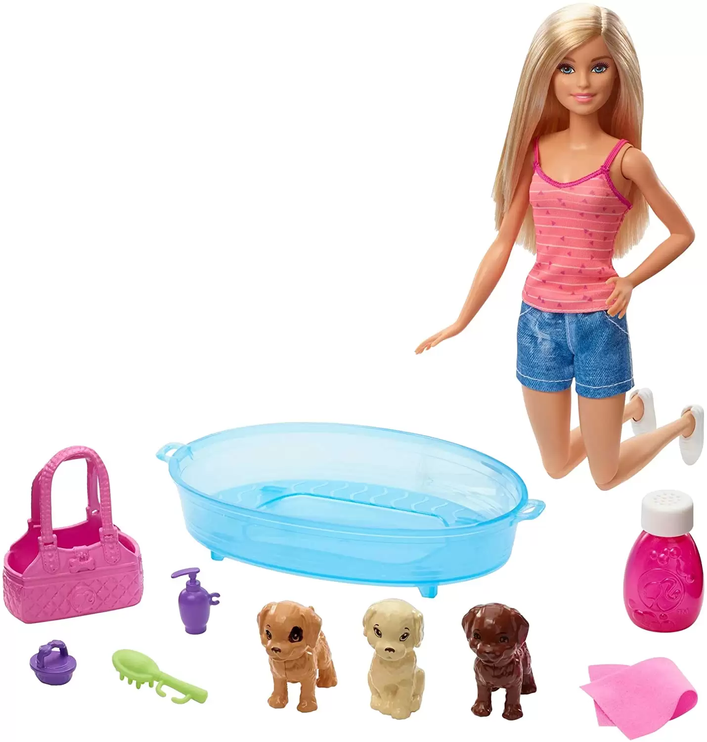 Barbie Bebek ve Aksesuarları - 3 Yavru Köpekli Oyun Seti, Hayvancıklar İçin Küvet ve Aksesuarları