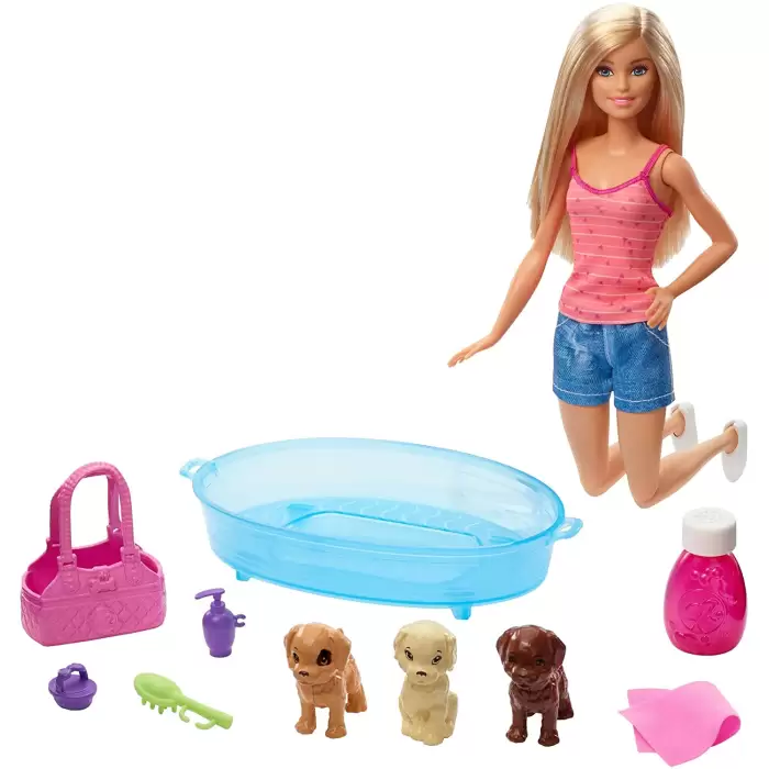 Barbie Bebek ve Aksesuarları - 3 Yavru Köpekli Oyun Seti, Hayvancıklar İçin Küvet ve Aksesuarları
