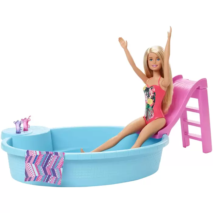 Barbie ve Eğlenceli Havuzu, 30 cm Boyunda, Kaydıraklı Havuz Oyun Seti