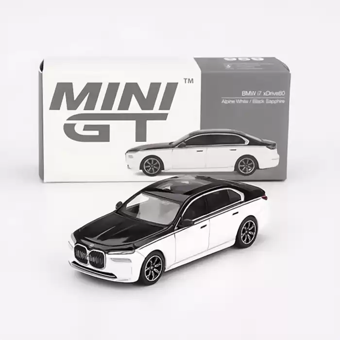 (ÖN SATIŞ) Mini GT 1/64 BMW i7 xDrive60 Alpine White / Black Sapphire MGT00959