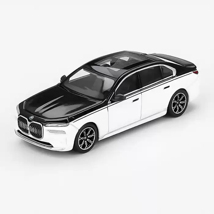 (ÖN SATIŞ) Mini GT 1/64 BMW i7 xDrive60 Alpine White / Black Sapphire MGT00959