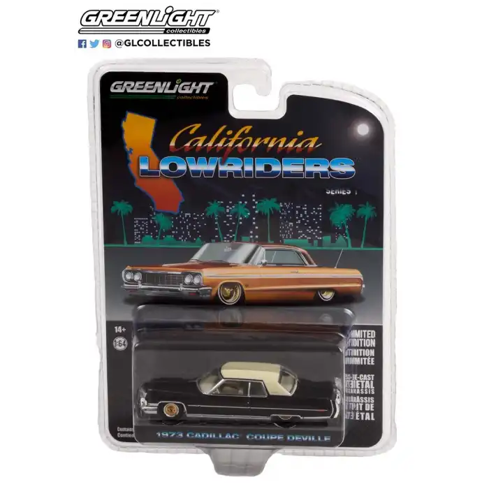 Greenlight 1/64 California Lowriders Series 1 - 1973 Cadillac Coupe deVille - Black with Gold Wheels Solid Pack 63010-E