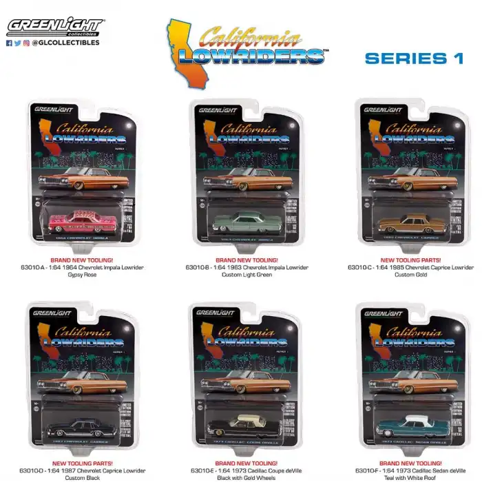 Greenlight 1/64 California Lowriders Series 1 - 1973 Cadillac Coupe deVille - Black with Gold Wheels Solid Pack 63010-E