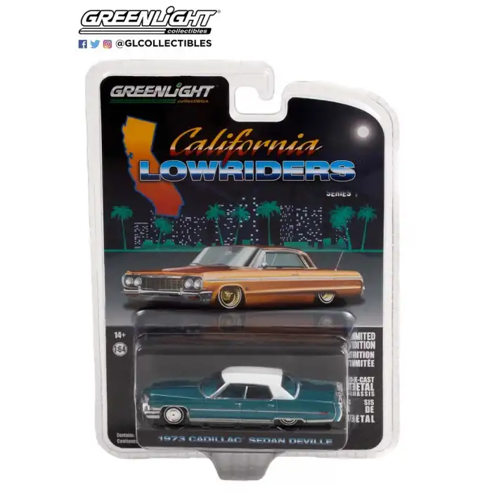 Greenlight 1/64 California Lowriders Series 1 - 1973 Cadillac Sedan deVille - Teal with White Roof Solid Pack 63010-F