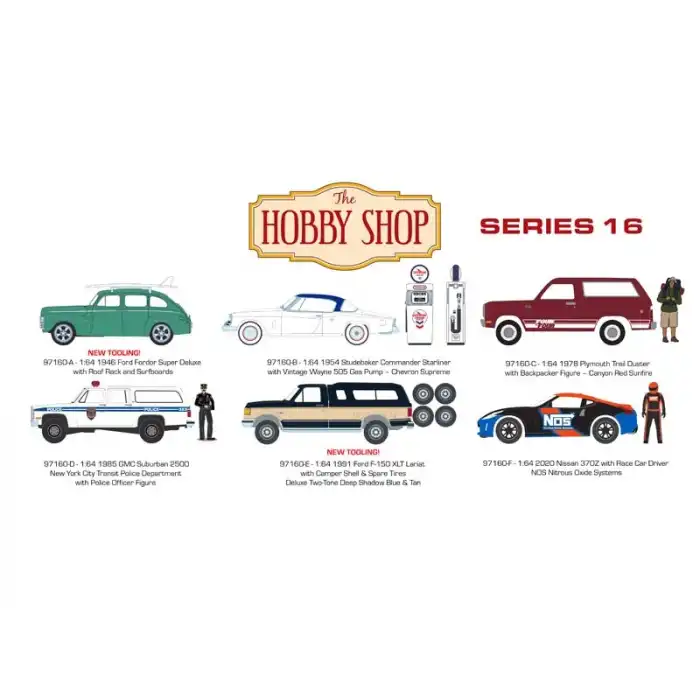 Greenlight 1/64 The Hobby Shop Series 16- 1978 Plymouth Trail Duster wiht Backpacker Figure 97160-C