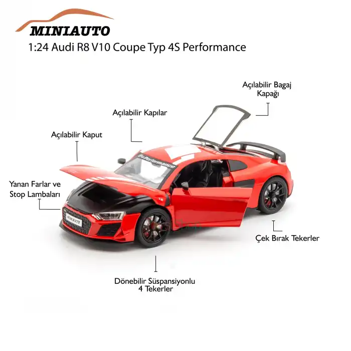 MINIAUTO 1:24 Audi R8 V10 Coupe Typ 4S Performance Kırmızı - 24273K