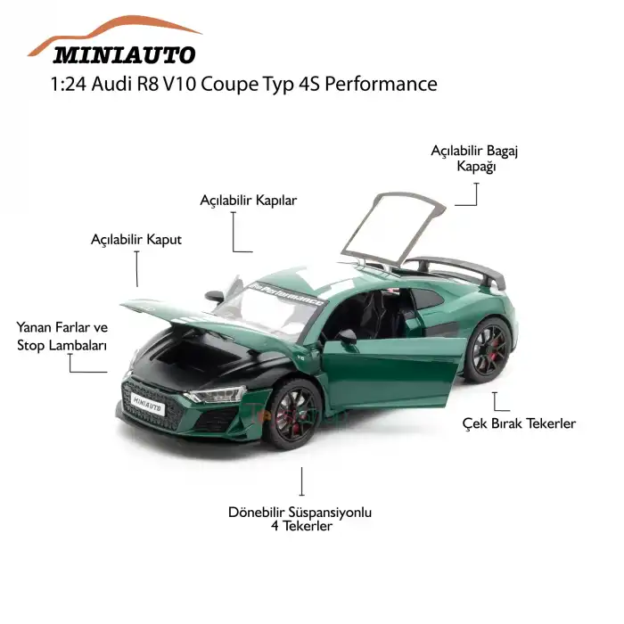 MINIAUTO 1:24 Audi R8 V10 Coupe Typ 4S Performance Yeşil - 24273Y