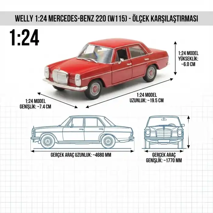 Welly 1:24 Mercedes-Benz 220 Diecast Model Araba Kırmızı - 24091W