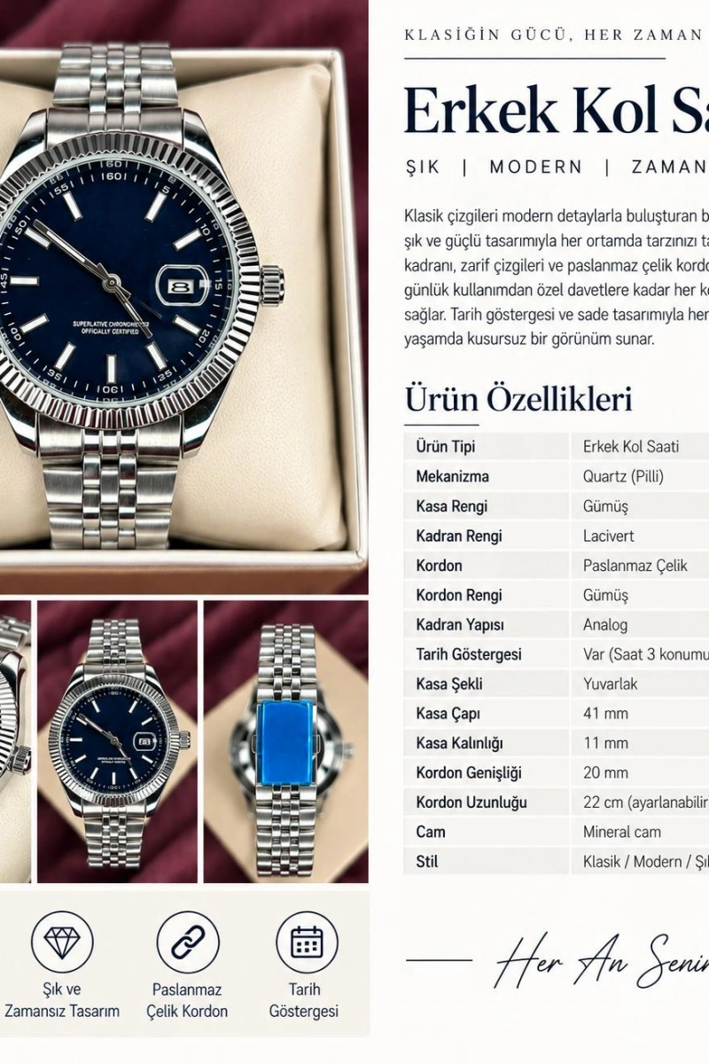 LACİVERT FLUTED BEZEL OTOMATİK ERKEK KOL SAATİ