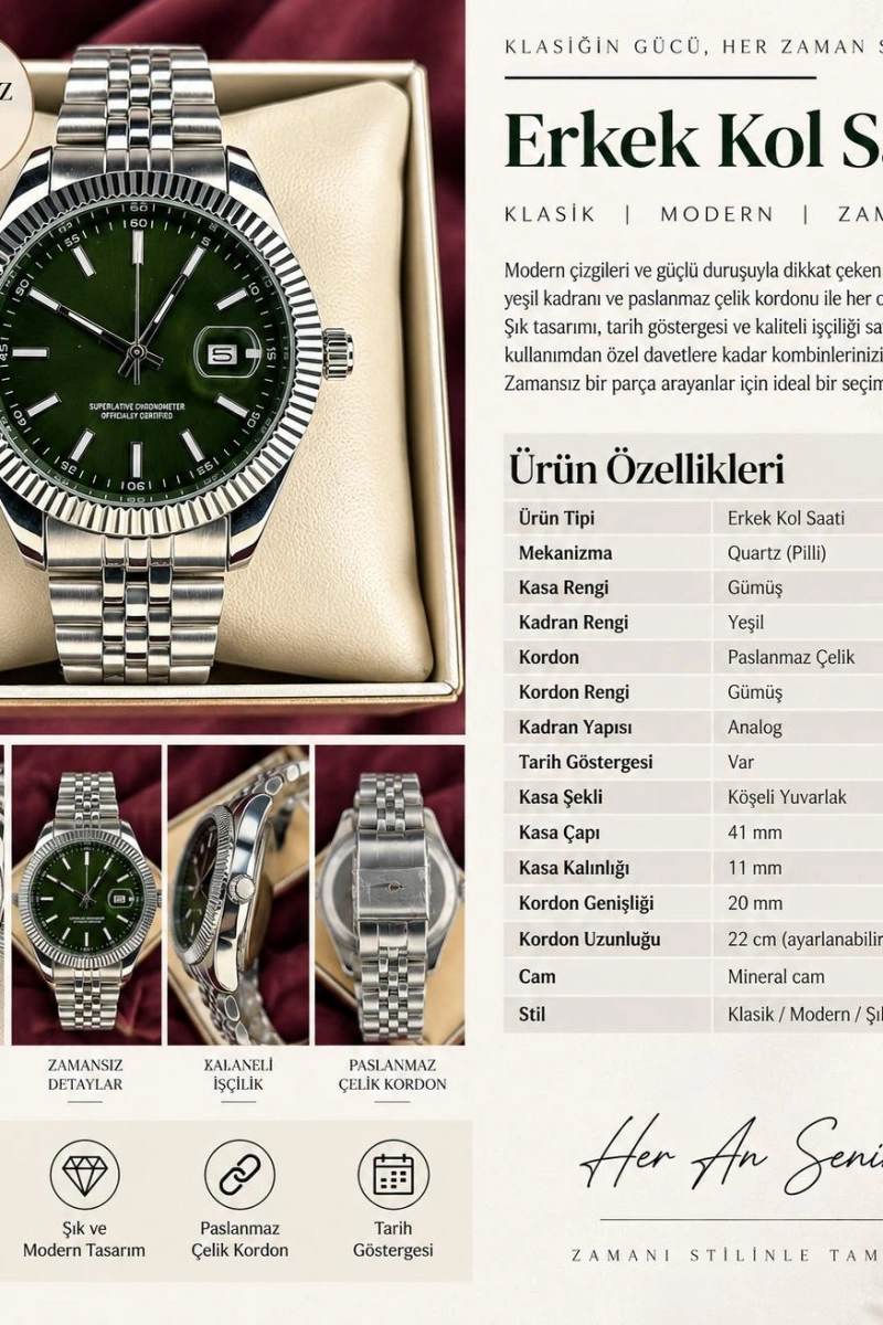 YEŞİL FLUTED BEZEL OTOMATİK ERKEK KOL SAATİ