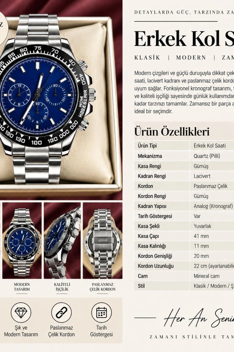DAYTONA KRONOGRAF LACİVERT KARDAN ERKEK KOL SAATİ