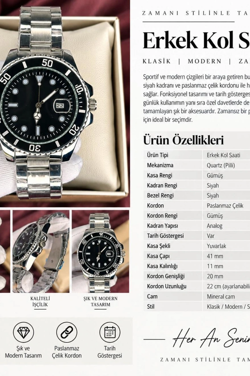 DAYTONA KRONOGRAF FUL SİYAH KARDAN ERKEK KOL SAATİ