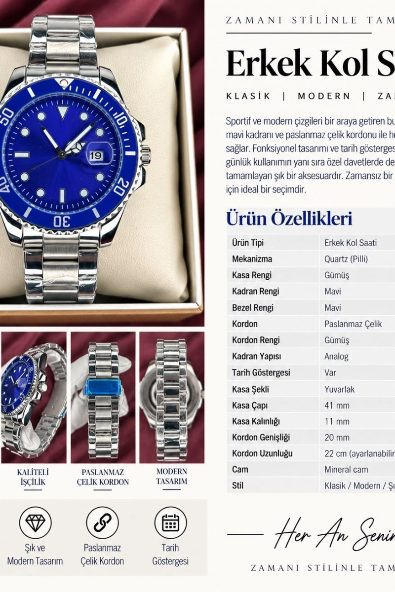 DAYTONA KRONOGRAF FUL LACİVERT KARDAN ERKEK KOL SAATİ