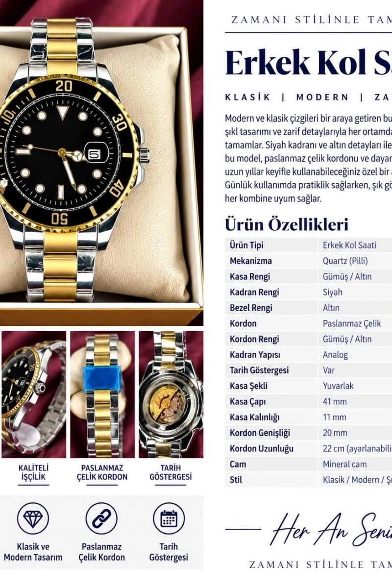 SİYAH-GOLD KADRAN SUBMARİNER OTAMATİK ERKEK KOL SAATİ