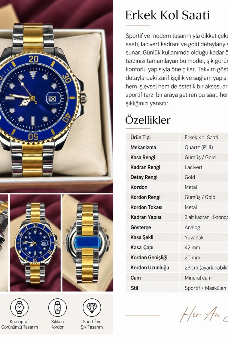 MAVİ-GOLD KADRAN SUBMARİNER OTAMATİK ERKEK KOL SAATİ