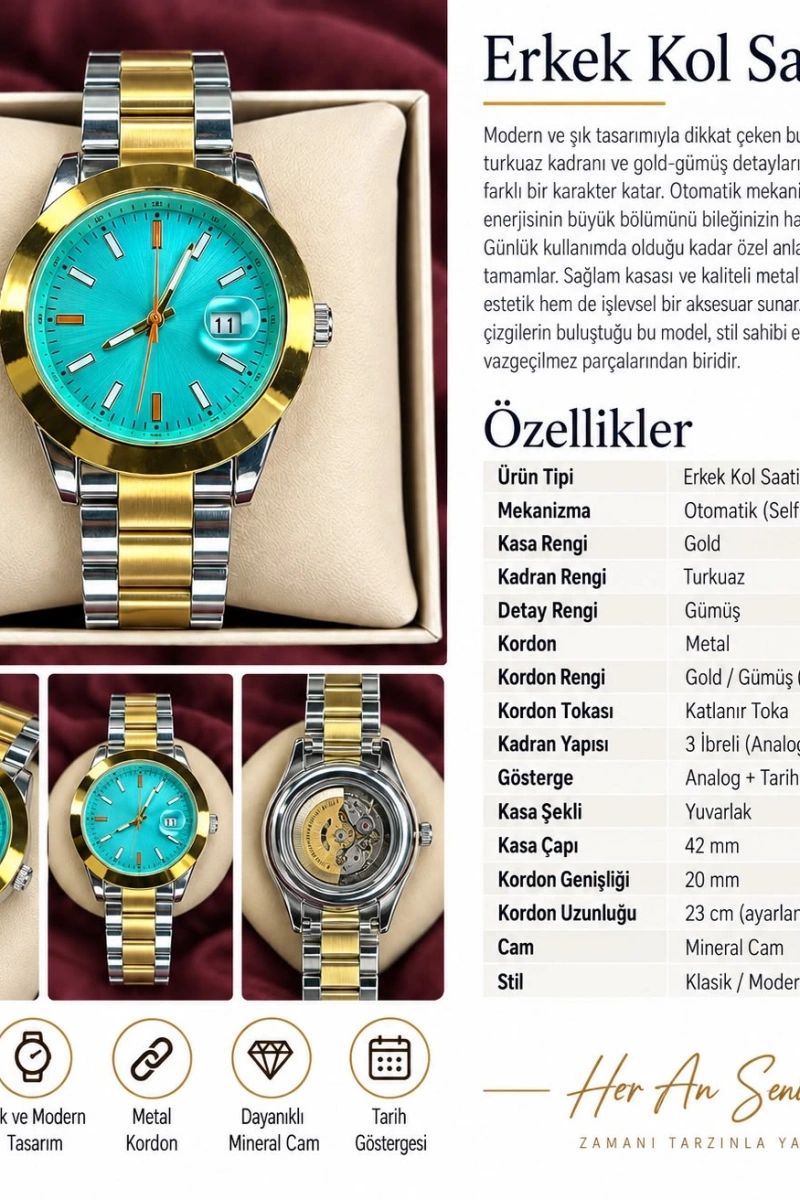 TURKUAZ PRESTİGE OTOMATİK ERKEK KOL SAATİ