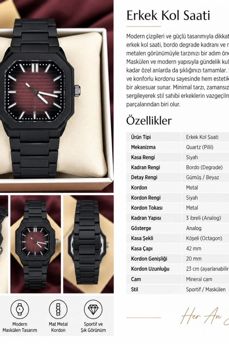 ANALOG KEMİK KORDON SİYAH-BORDO KOL SAATİ