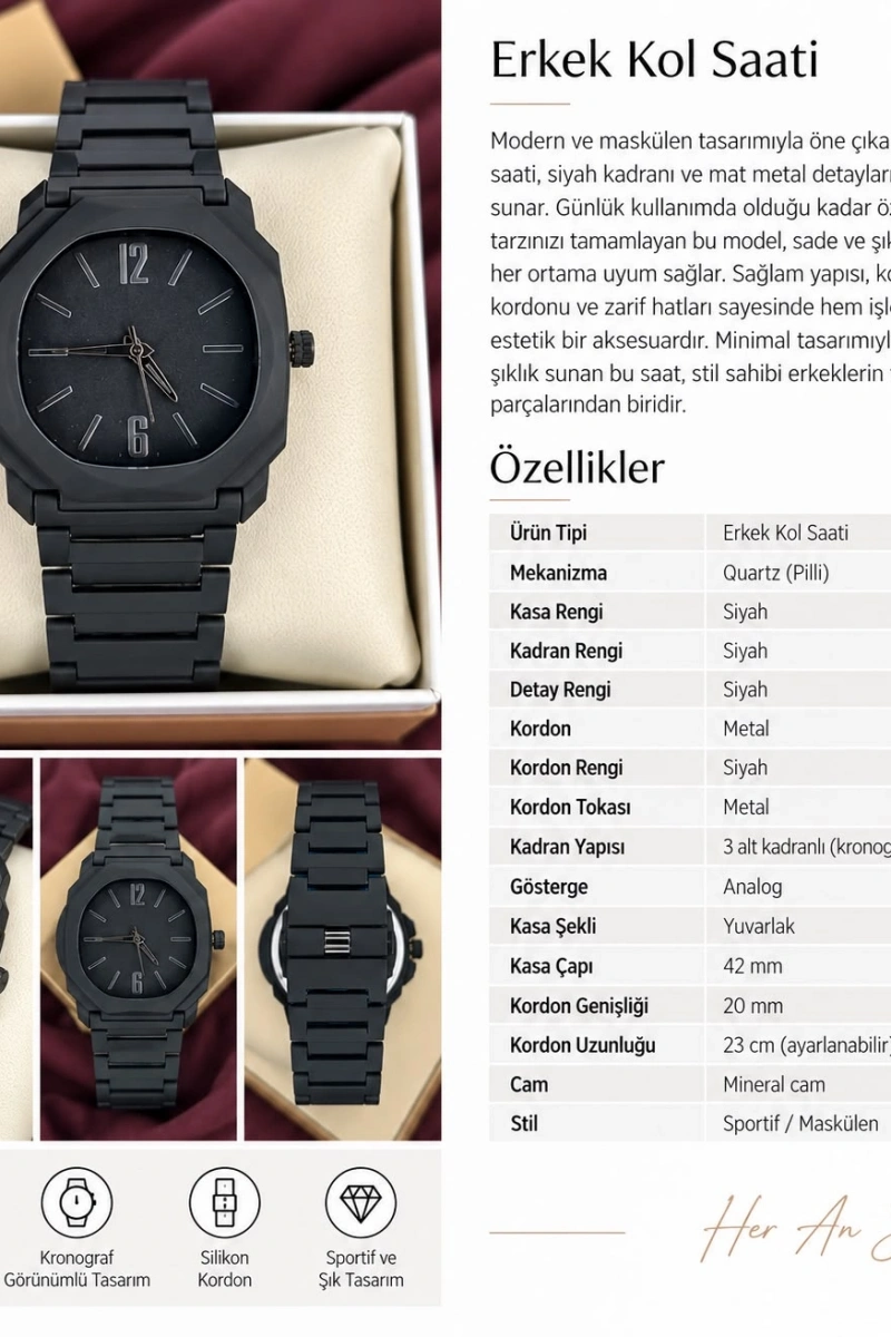 ANALOG KEMİK KORDON SİYAH KOL SAATİ
